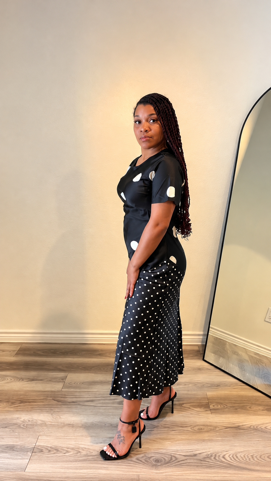 Modern Dot Mixed-Print Midi Dress