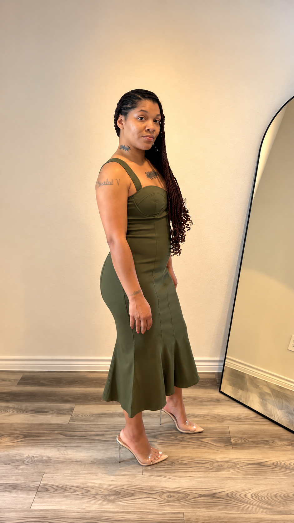 Olive Sculpted-Seam Midi Dress