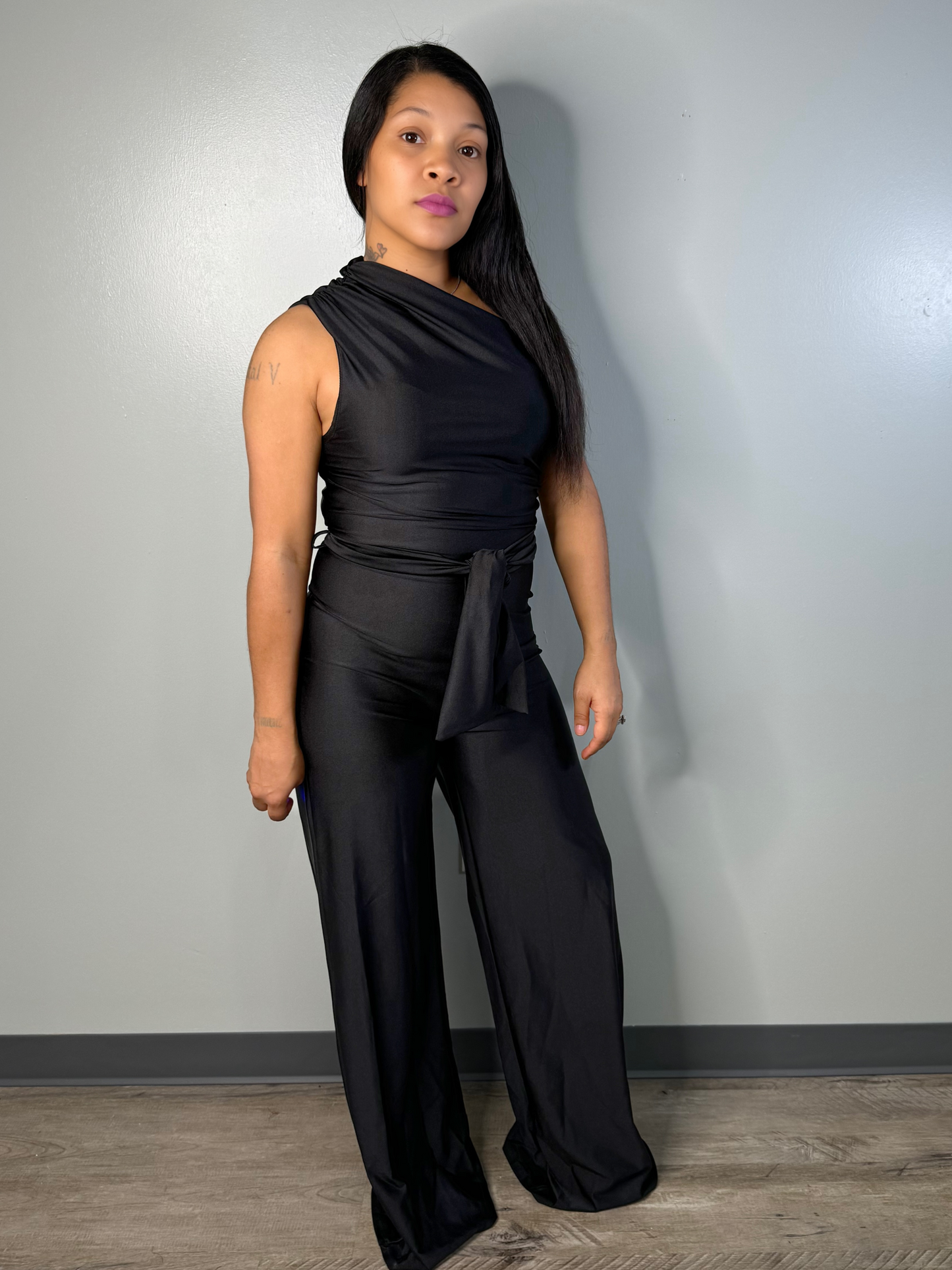 Invite Only One-Shoulder Wide-leg Jumpsuit (Black)