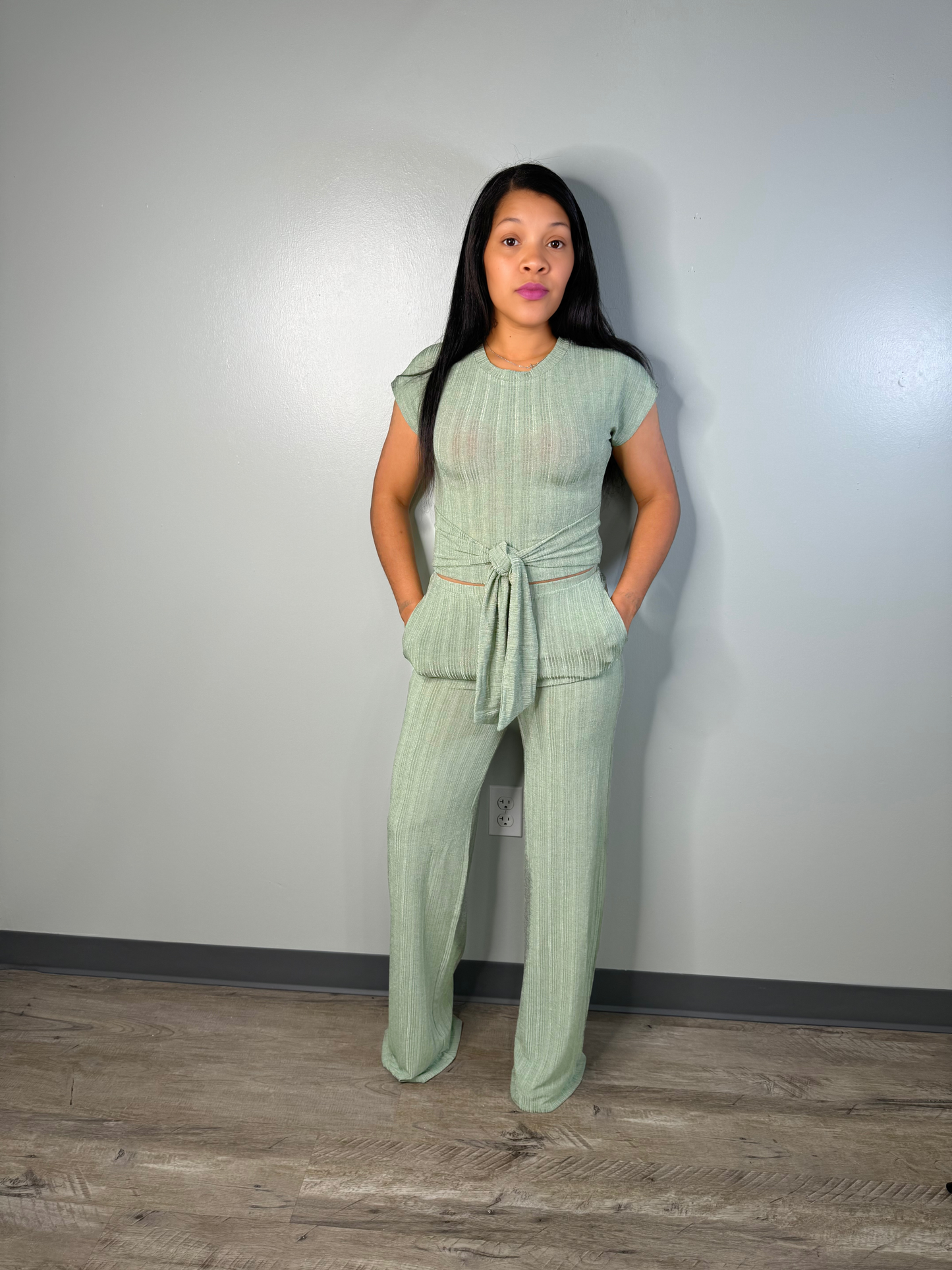 Sophisticated Comfort Crop Top & High-Waisted Pants Set (Sage)