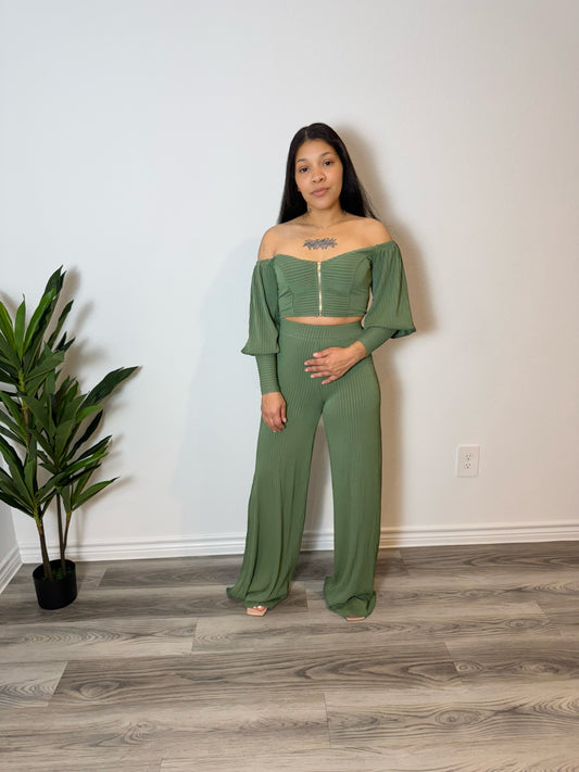 Zinnia Off The Shoulder Wide-Leg Pant Set- Olive