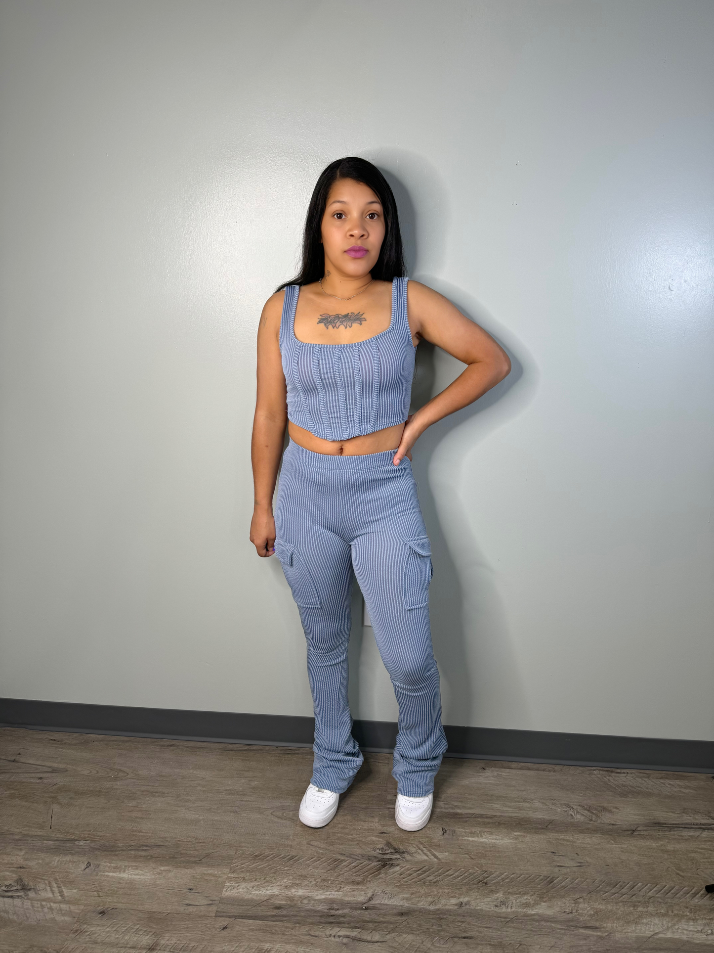 All Day Comfort 2pc Crop Top High Waisted Pants Set (Denim)