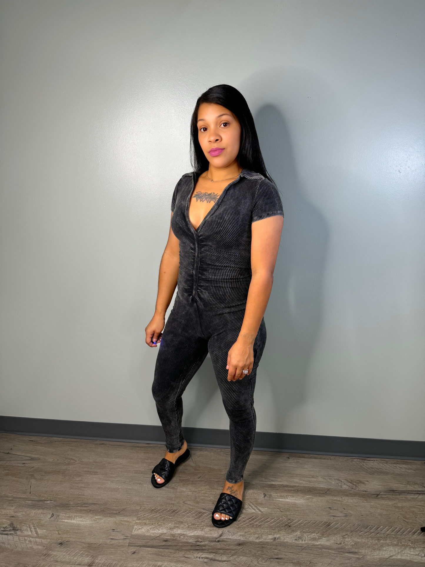 Confidently Cool Mineral Wash V-Neck Short Sleeve Jumpsuit (Black)