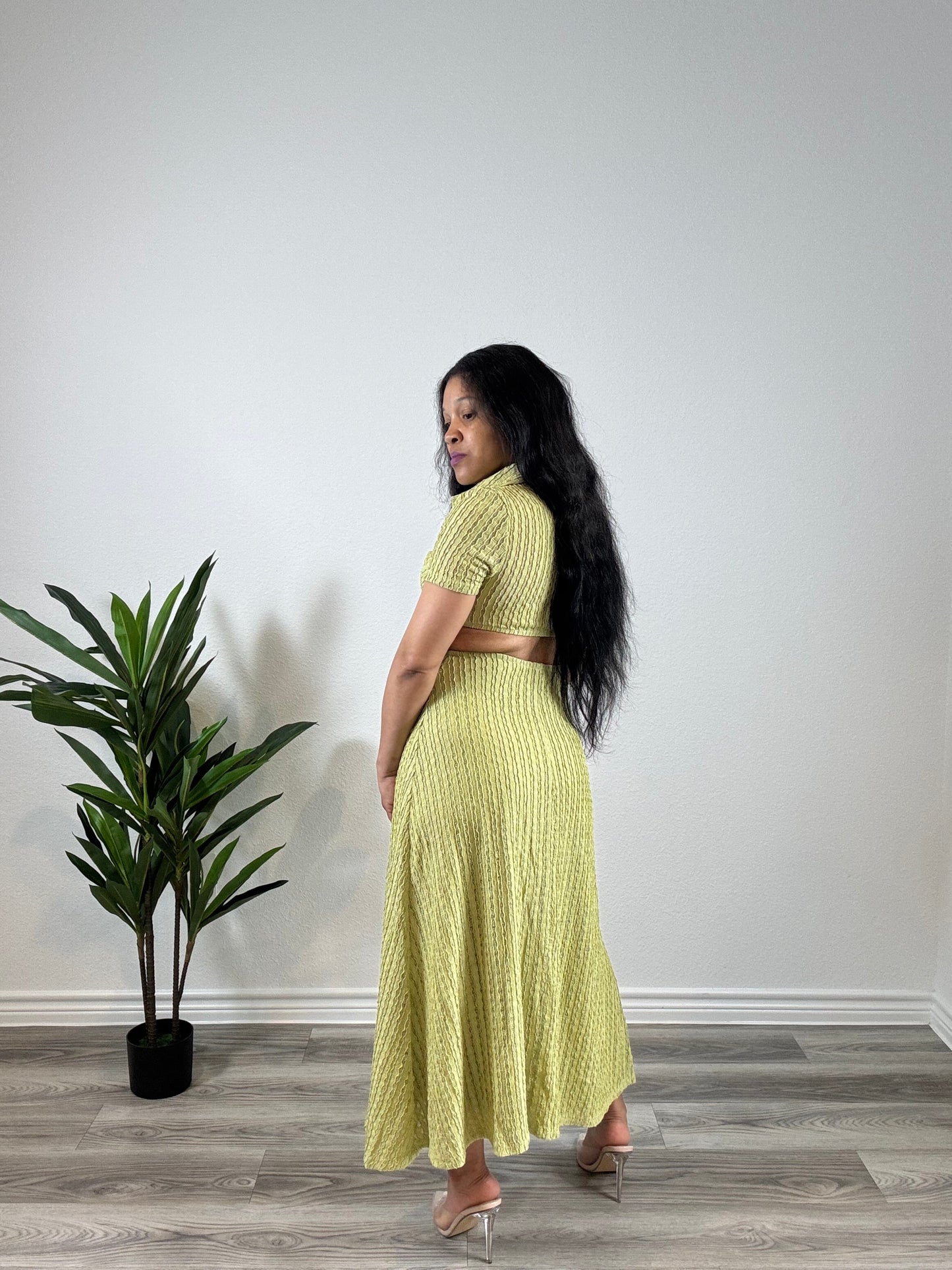 Taryn | Double Booked - Collared Stretch Dress with Cutout & Slit (Olive)