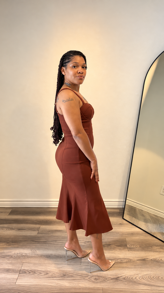 Rust Sculpted-Seam Midi Dress