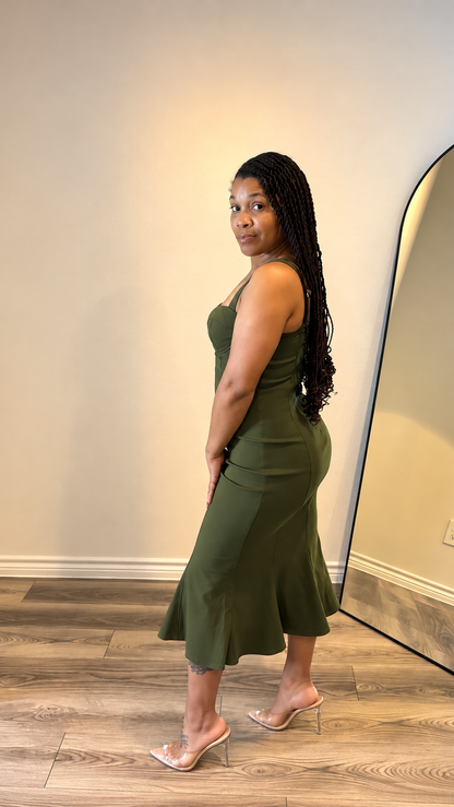 Olive Sculpted-Seam Midi Dress