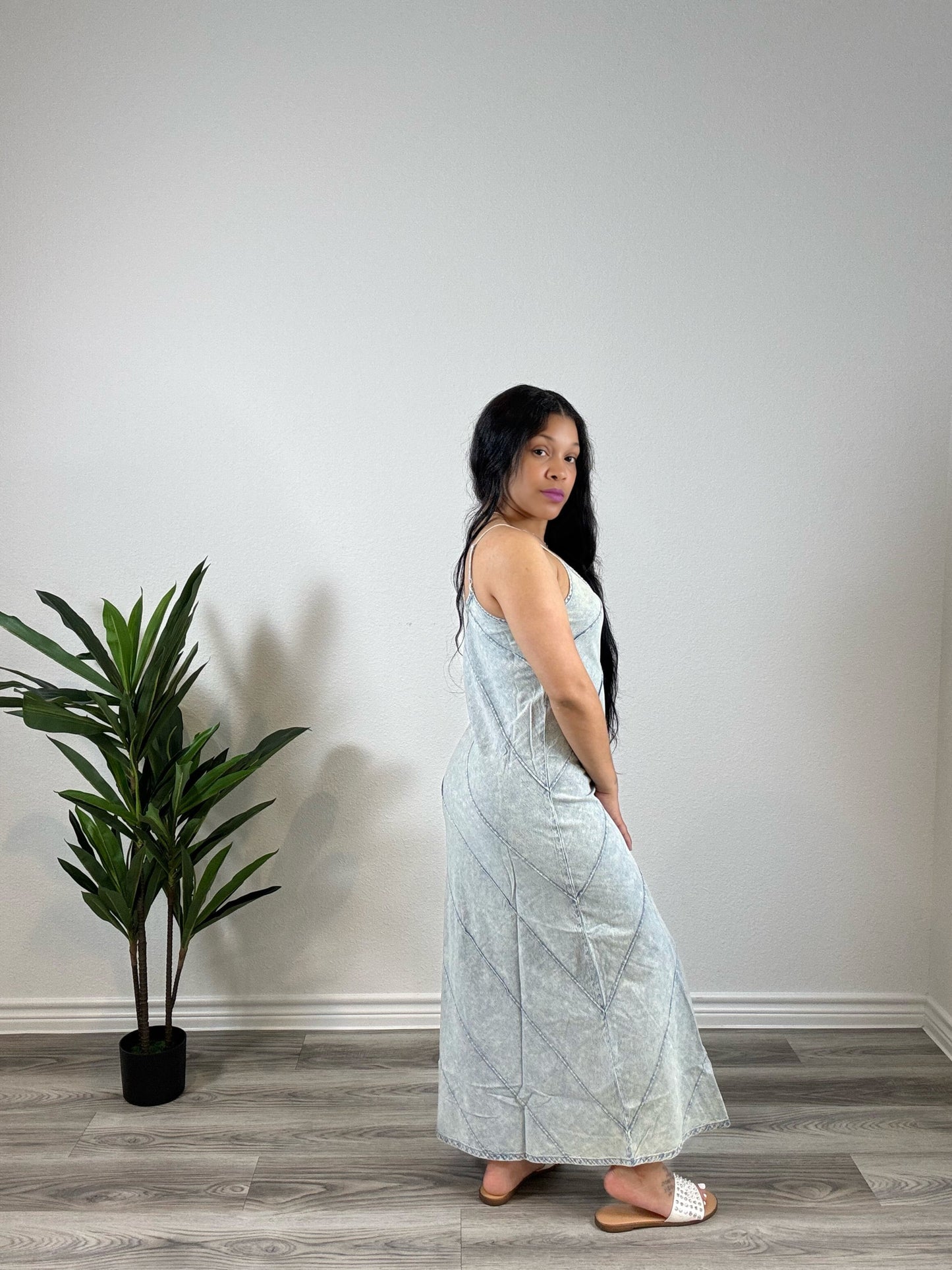 Liora | Soft But Sure - Spaghetti Strap V-Neck Dress (Denim)