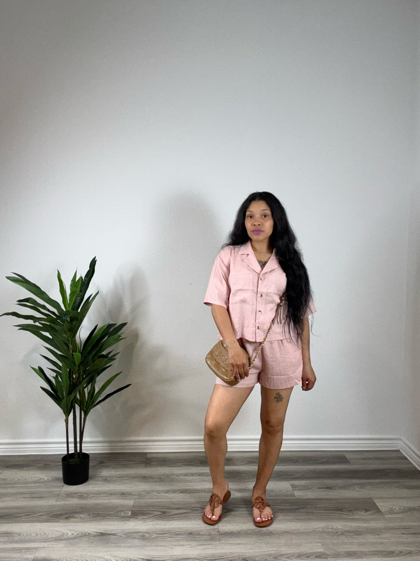 Nola | Out of Office - Linen Blend Crop Top & Short Set (Pink)