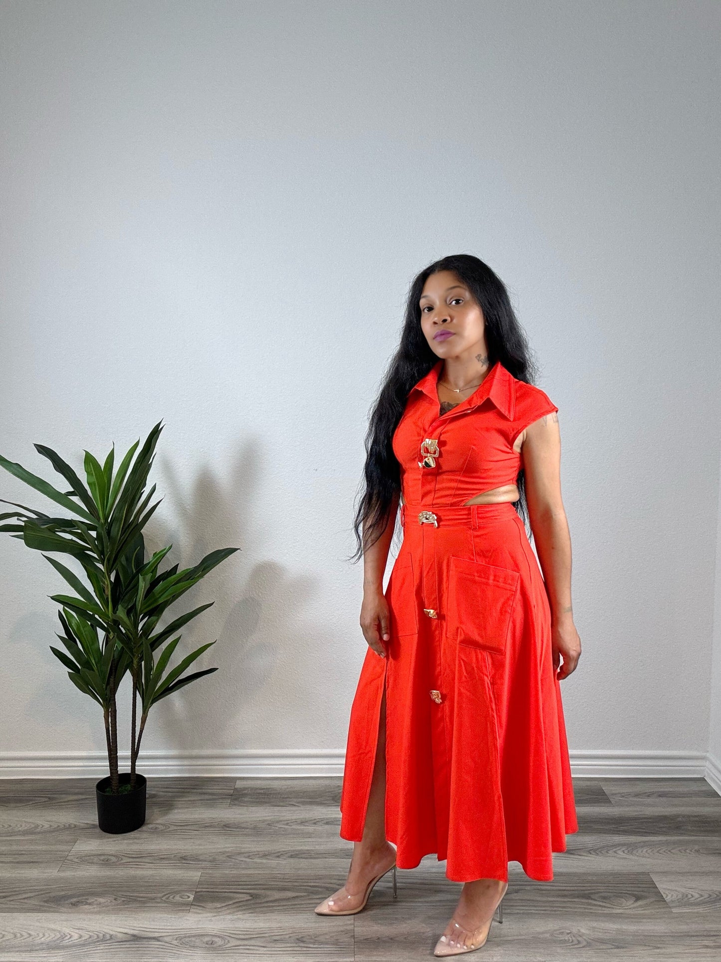 Azaria | Commandment - Collared Cutout Sleeveless Dress with Slit (Orange)