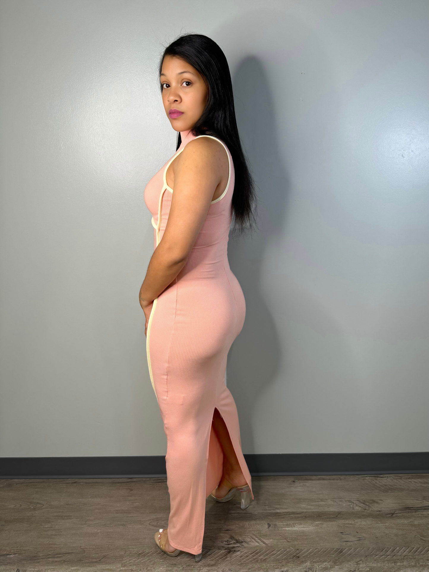 Unforgettable Mock Neck Sleeveless Dress with back Slit (Pink)