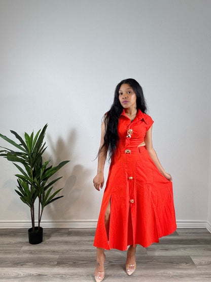 Azaria | Commandment - Collared Cutout Sleeveless Dress with Slit (Orange)