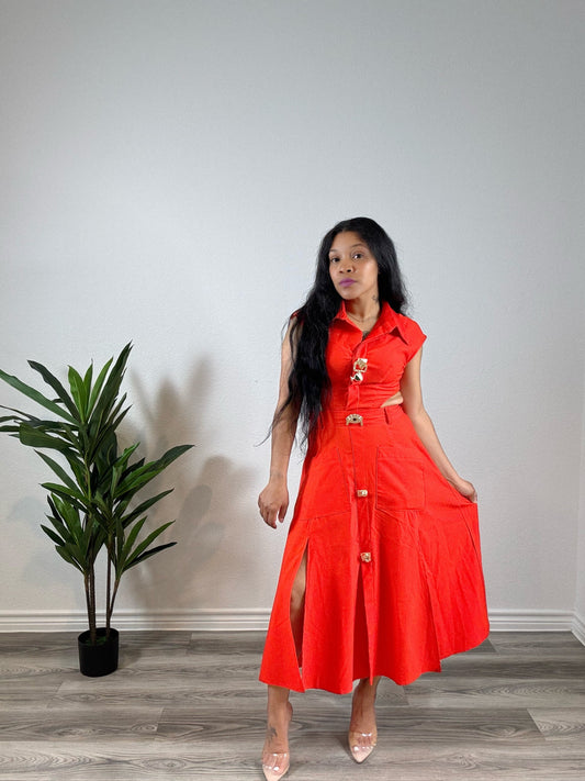 Azaria | Commandment - Collared Cutout Sleeveless Dress with Slit (Orange)