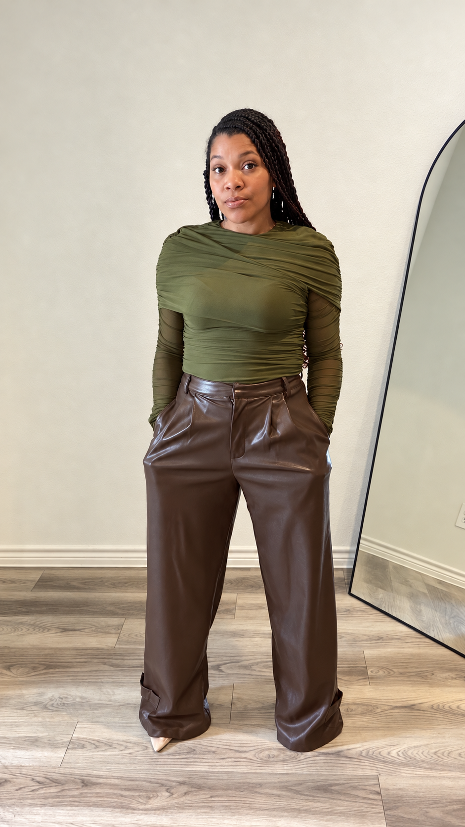 Espresso Faux-Leather Wide-Leg Trousers