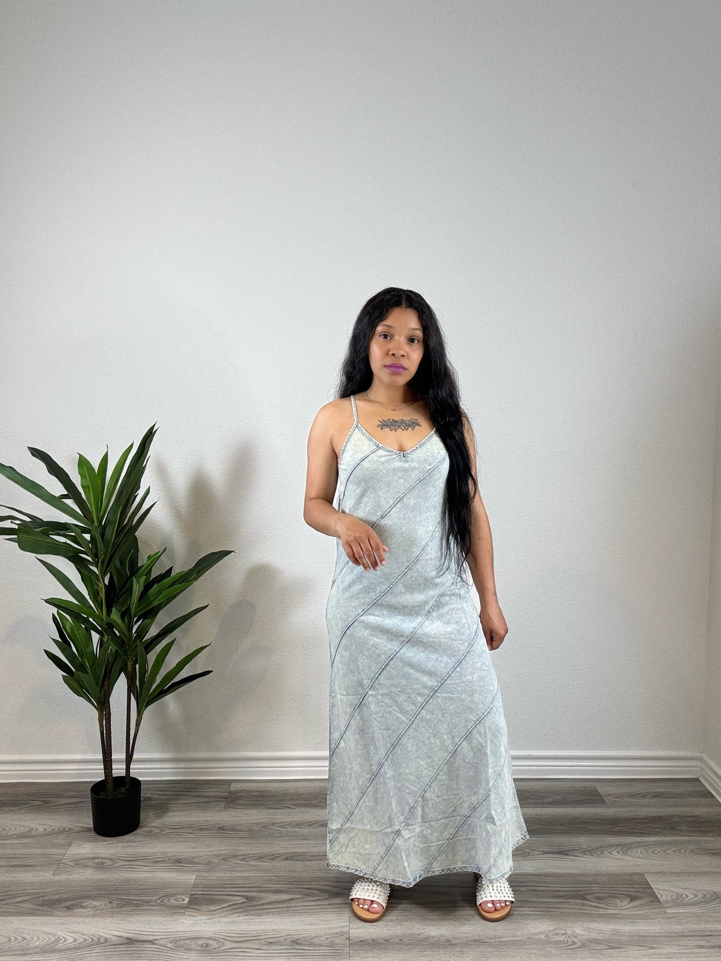 Liora | Soft But Sure - Spaghetti Strap V-Neck Dress (Denim)