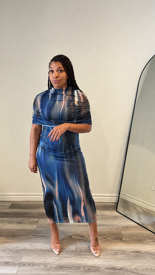Blue Hour Abstract Drape Midi Dress