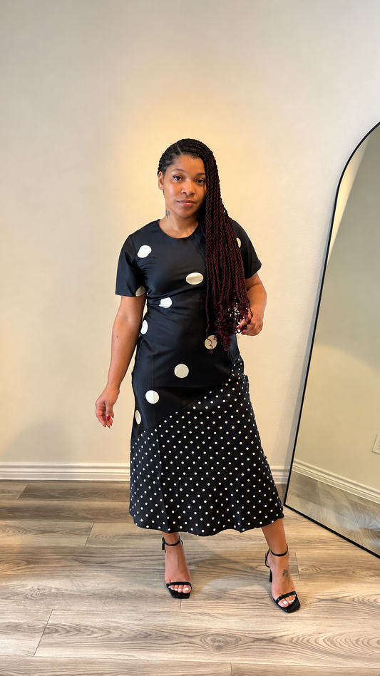 Modern Dot Mixed-Print Midi Dress