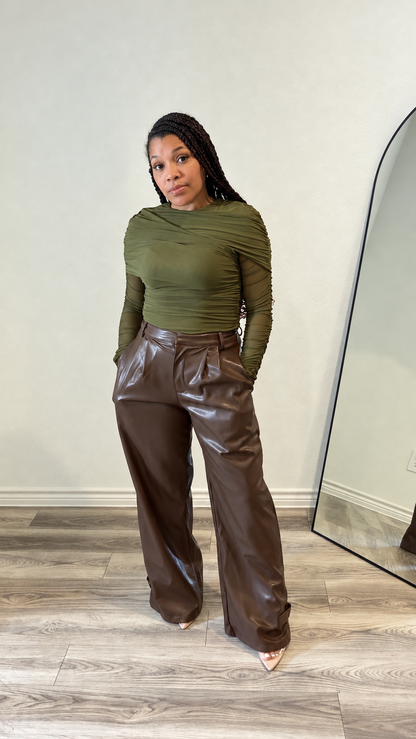 Espresso Faux-Leather Wide-Leg Trousers