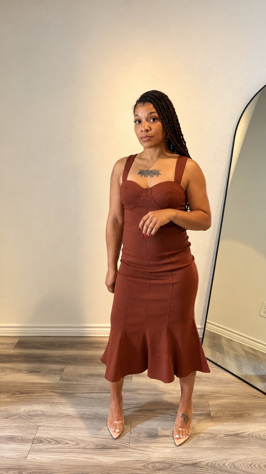 Rust Sculpted-Seam Midi Dress