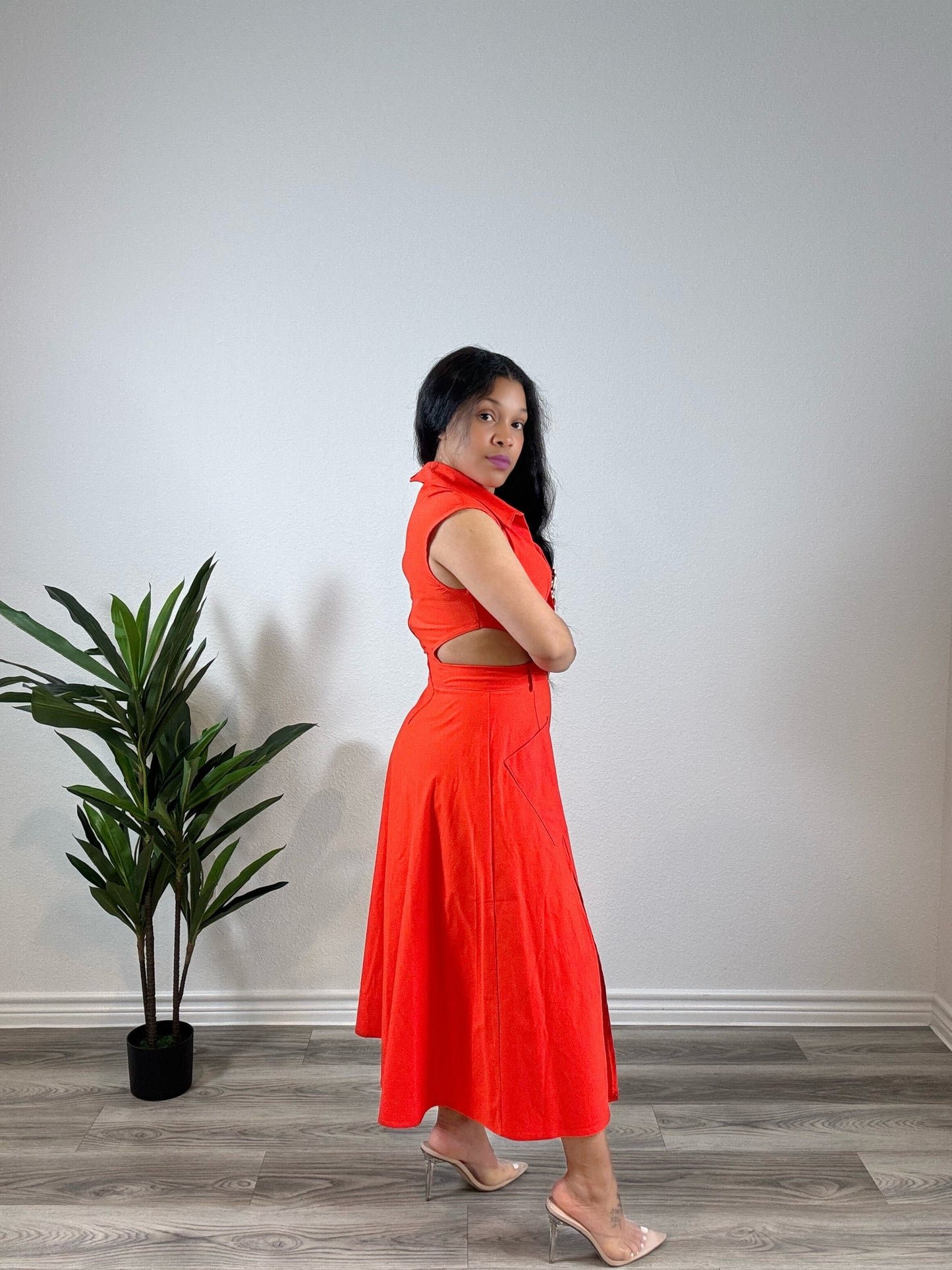 Azaria | Commandment - Collared Cutout Sleeveless Dress with Slit (Orange)