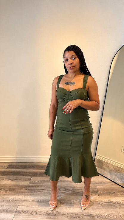 Olive Sculpted-Seam Midi Dress