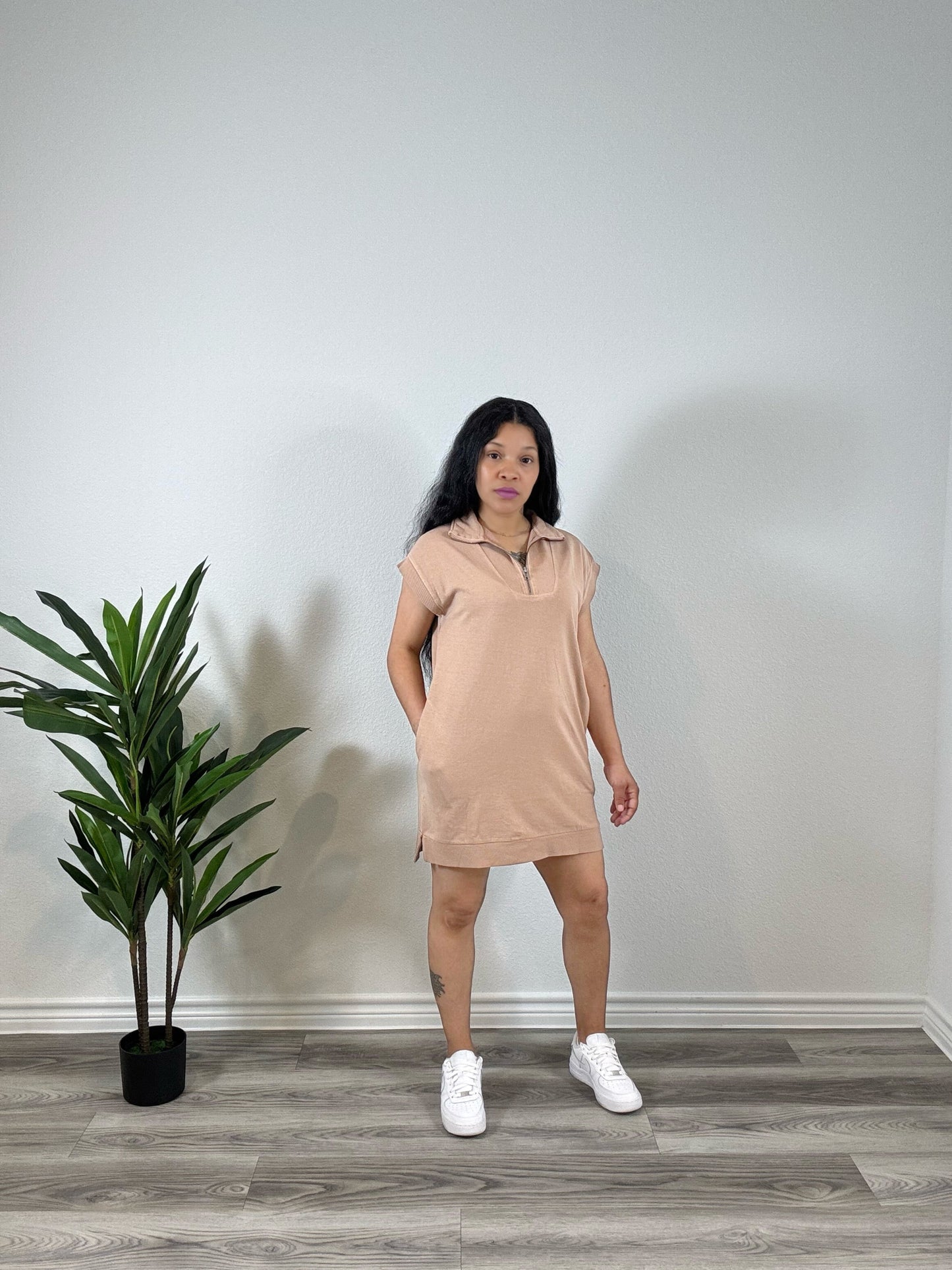 Kaia | Plot Twist - Mock Neck Half-Zip Mini Dress (Dark Taupe)