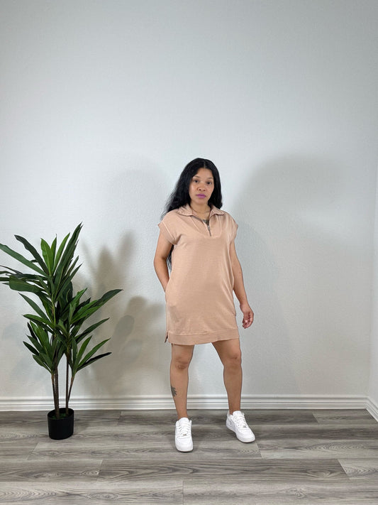 Kaia | Plot Twist - Mock Neck Half-Zip Mini Dress (Dark Taupe)