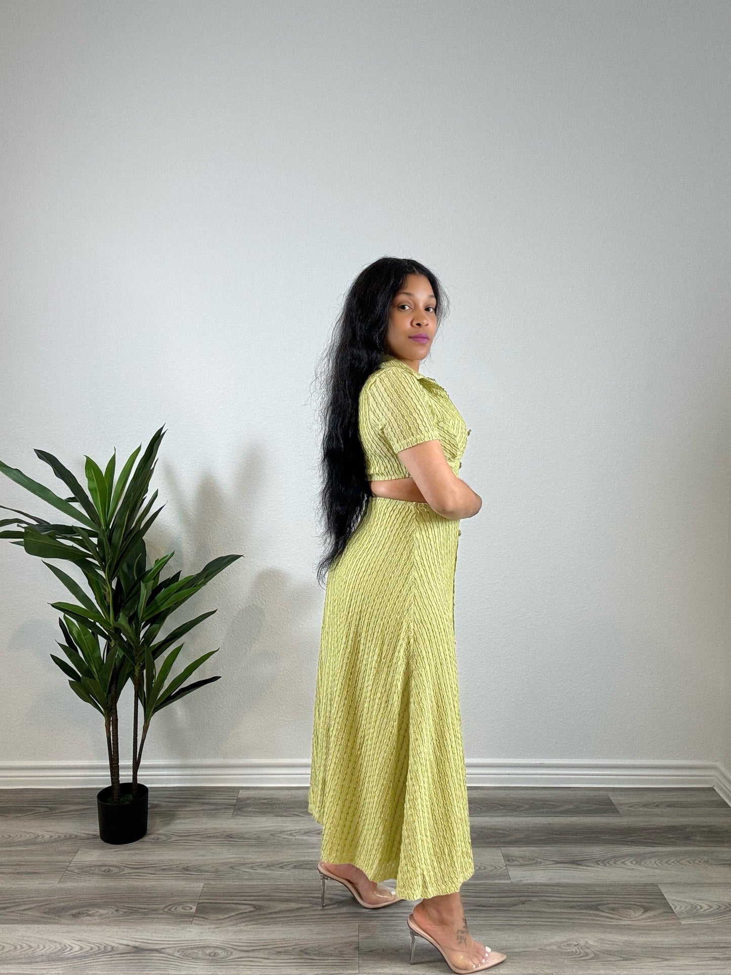 Taryn | Double Booked - Collared Stretch Dress with Cutout & Slit (Olive)