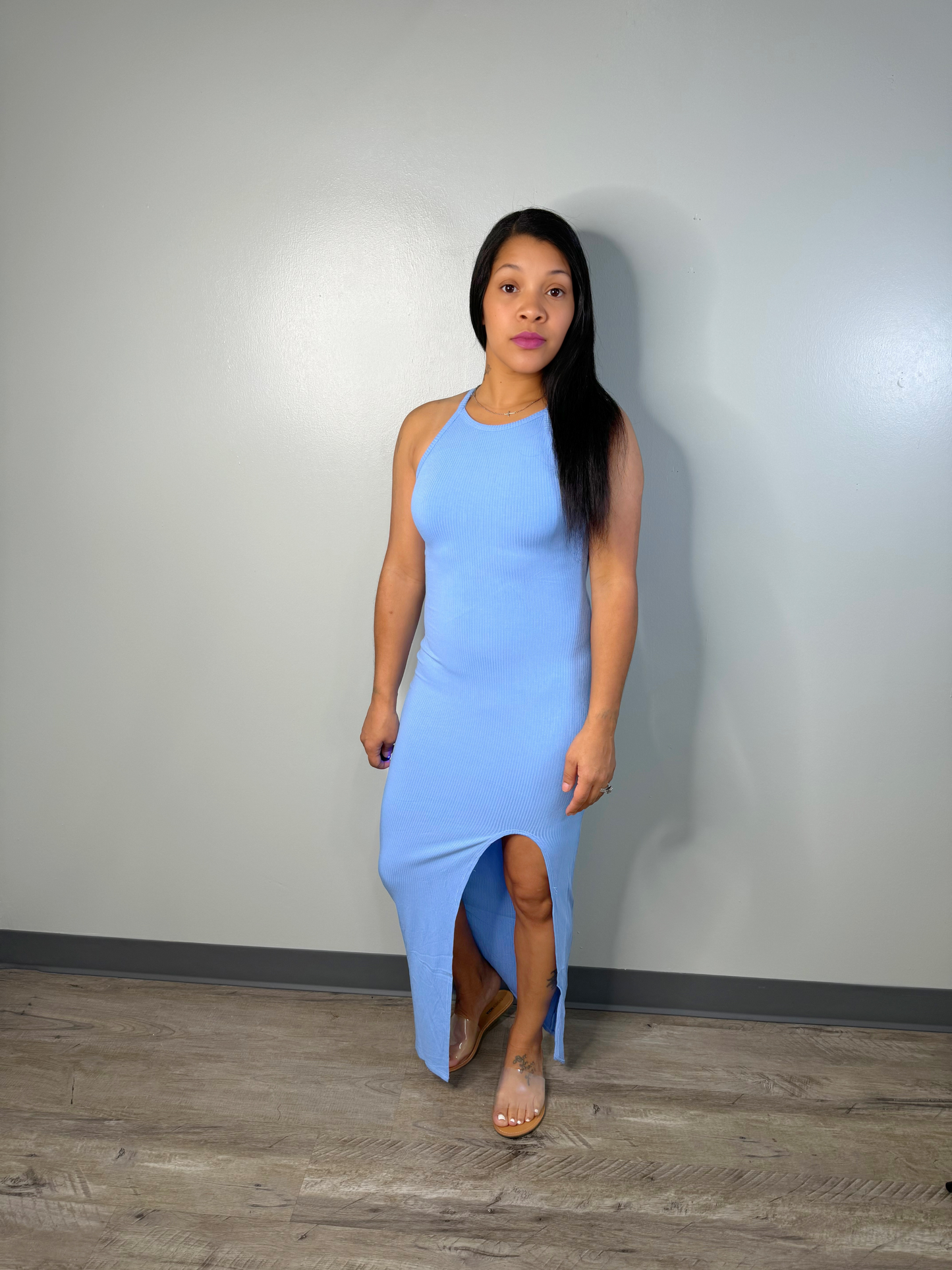 Comfy Ribbed Sleeveless Maxi Dress with High Split (Blue)