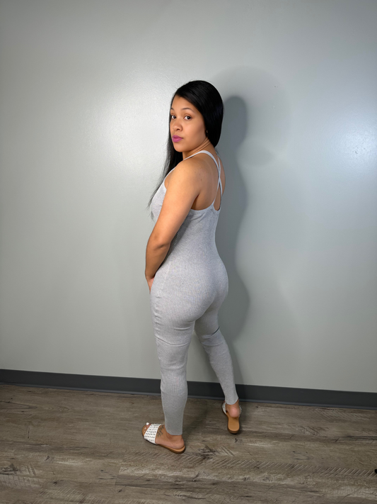 Everyday Ease Ribbed Knit V-Neck Jumpsuit with X-Back (Grey)