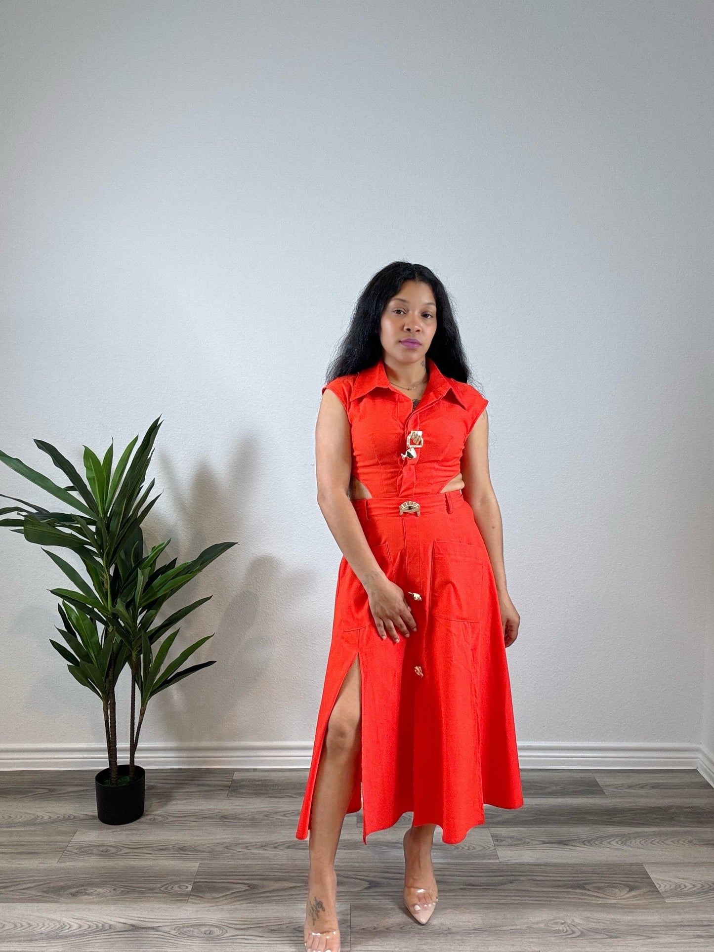 Azaria | Commandment - Collared Cutout Sleeveless Dress with Slit (Orange)