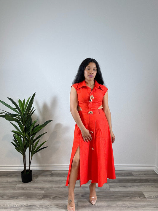 Azaria | Commandment - Collared Cutout Sleeveless Dress with Slit (Orange)