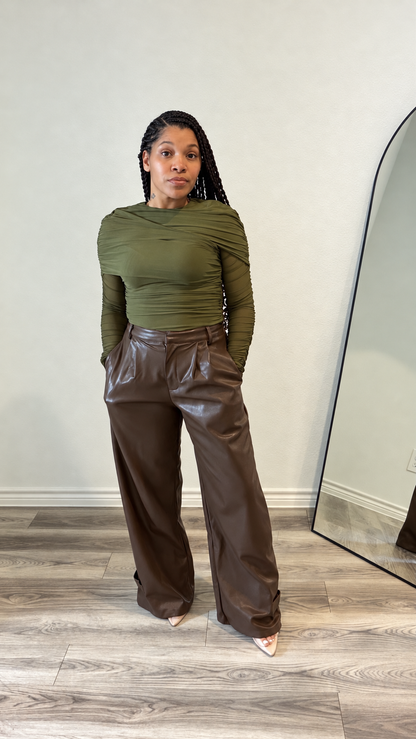 Espresso Faux-Leather Wide-Leg Trousers