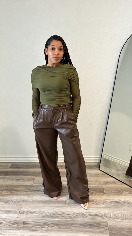 Espresso Faux-Leather Wide-Leg Trousers