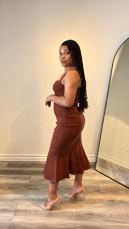 Rust Sculpted-Seam Midi Dress